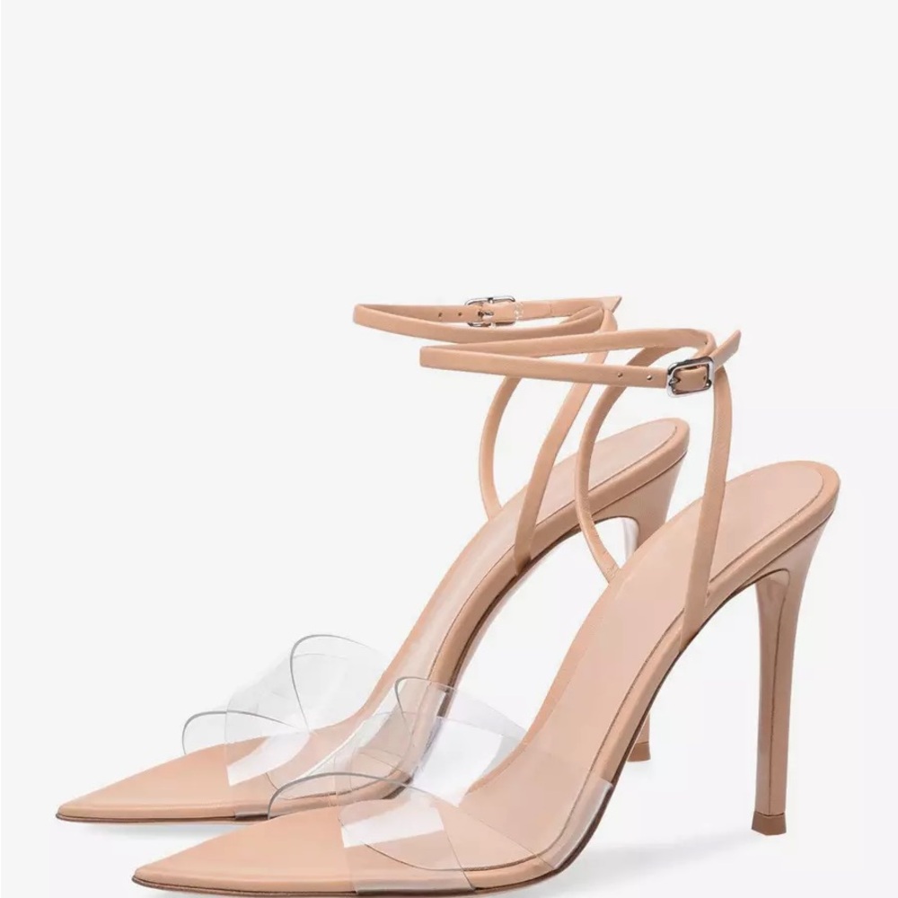 FEMME LA Beige Pointed-Toe Clear-Strap Stiletto Heels with Ankle Strap
